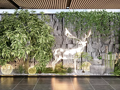 Modern Indoor Landscape Interior With Green Plant Wall Stone And Deer Light Decoration 3d model