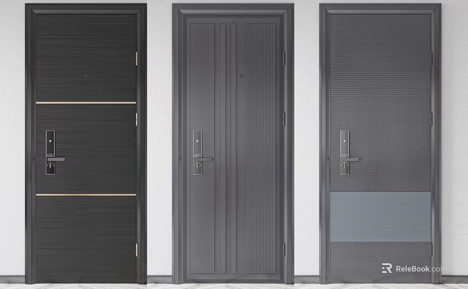 Modern Hinged Doors With Three Unique Panel Designs And Dark Finishes 3d model