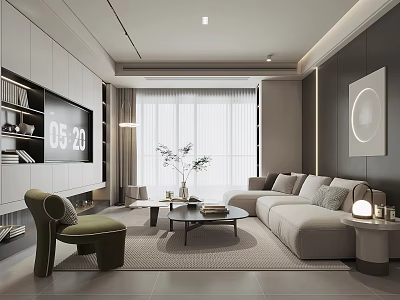 Modern Living Room With Beige Sofa Coffee Table TV Wall And Floor to Ceiling Window 3d model