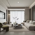 Modern Living Room With Beige Sofa Coffee Table TV Wall And Floor to Ceiling Window