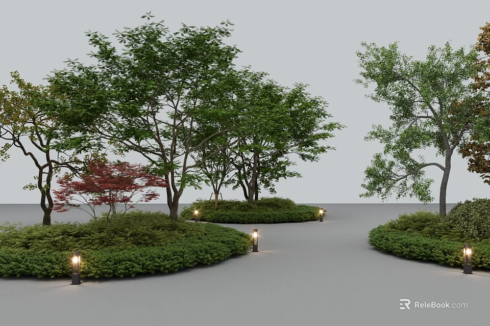 Natural Garden Plant Combination With Various Trees Shrubs Curved Pathway And Lights 3d model 