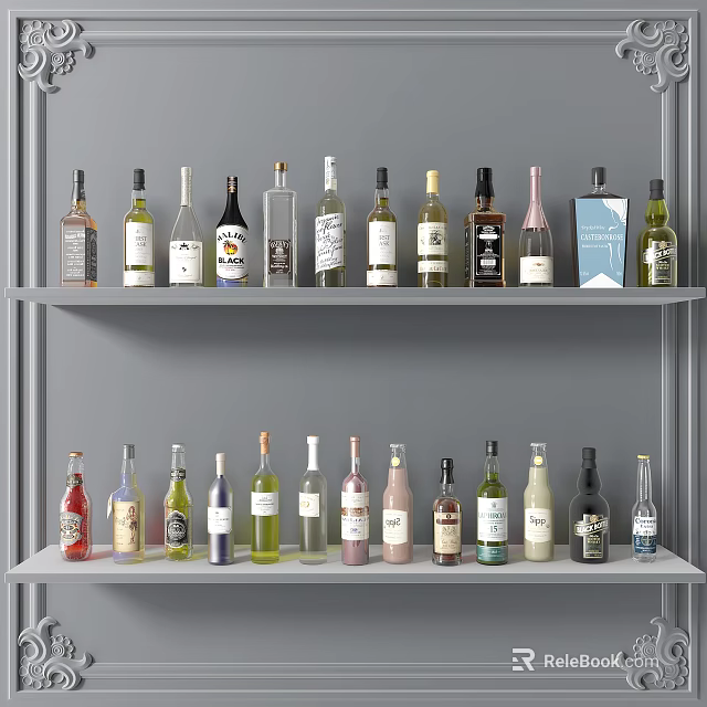 Various Wine Bottles Neatly Arranged on Two Gray Shelves 3d model