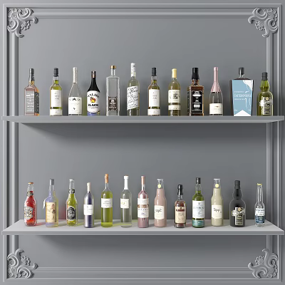 Various Wine Bottles Neatly Arranged on Two Gray Shelves 3d model