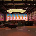 Modern Bar Interior With Neon Signage Large Chandelier And Comfortable Seating