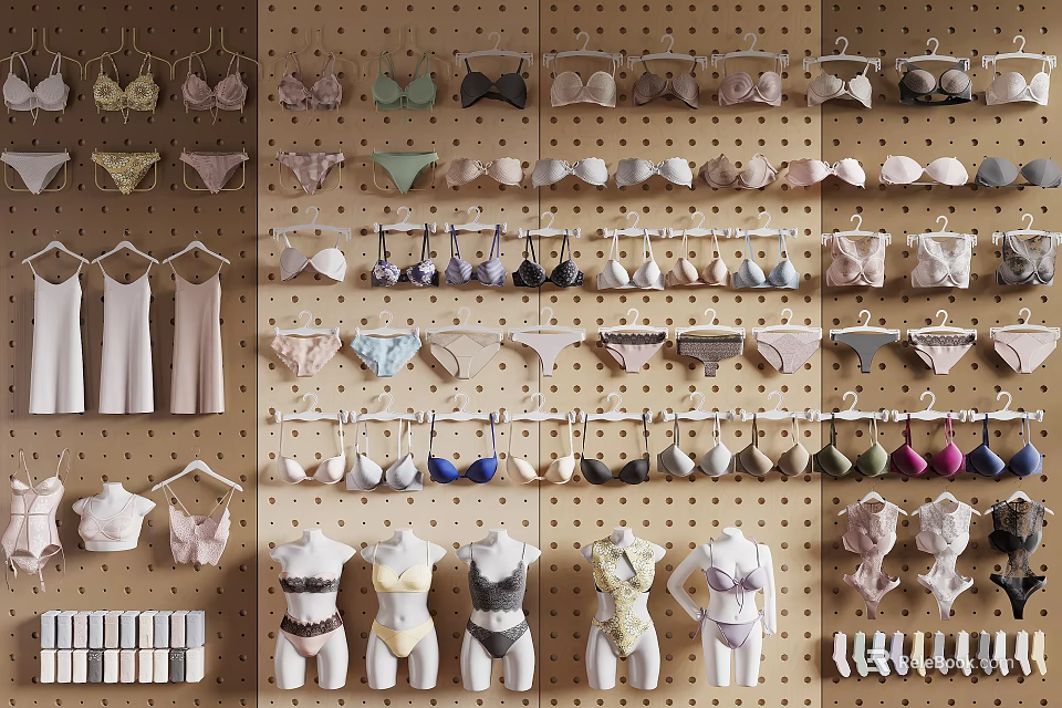 Women's Lingerie Display On Pegboard Wall With Various Styles Colors Bras And Panties 3d model 