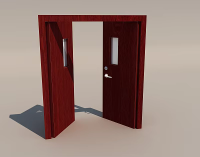 Crimson Wooden Double Doors With Glass Panels In Open Position For Interior 3d model