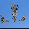 Ornate Carving Design With Central Decorative Motif And Bat Shaped Side Elements On Blue Background