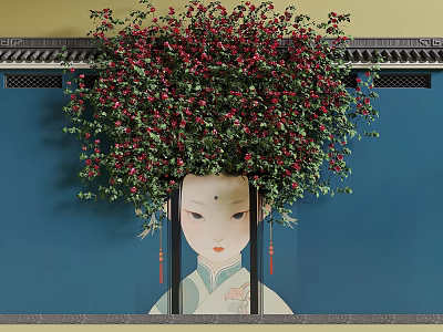Vine With Red Flowers Decorating Traditional Figure Against Blue Wall And Chinese Eaves 3d model