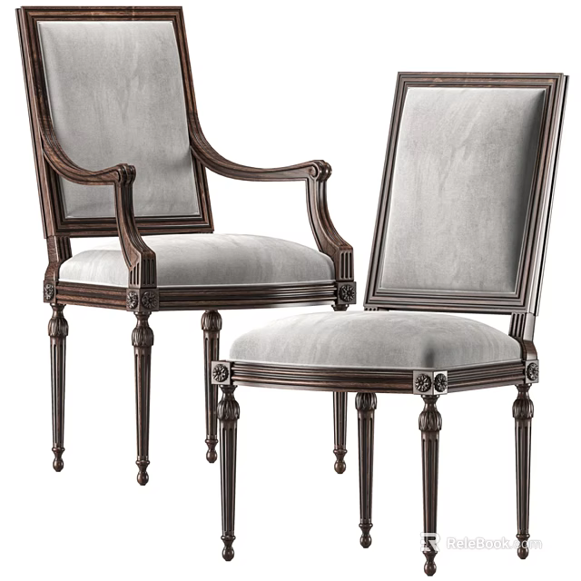 Classic Single Chair With Wooden Frame Carved Legs And Light Gray Upholstered Seat 3d model 