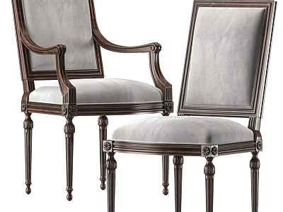 Classic Single Chair With Wooden Frame Carved Legs And Light Gray Upholstered Seat 3d model