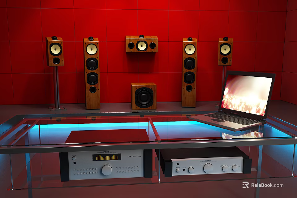 Modern Home Audio System With Floor Wall Speakers Subwoofer And Amplifier On Glass Table 3d model 