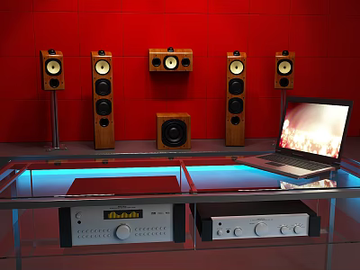 Modern Home Audio System With Floor Wall Speakers Subwoofer And Amplifier On Glass Table 3d model