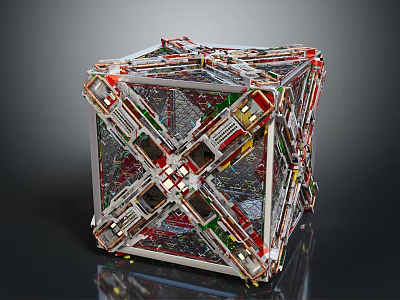 Decorative Cube Package Box with Intricate Metal Frame Cross Structure Colorful Red Green Gold Parts 3d model