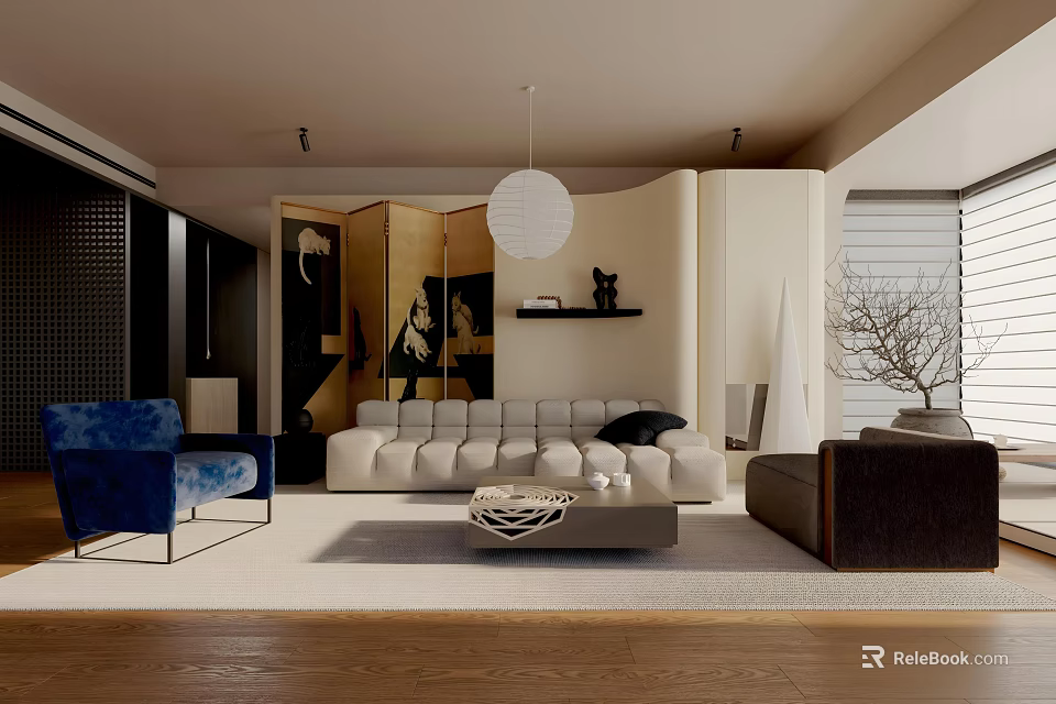 Modern Living Room Interior Design With Blue Armchair White L-shaped Sofa And Round Pendant Light 3d model 