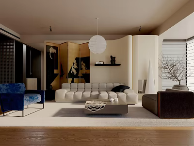 Modern Living Room Interior Design With Blue Armchair White L-shaped Sofa And Round Pendant Light 3d model