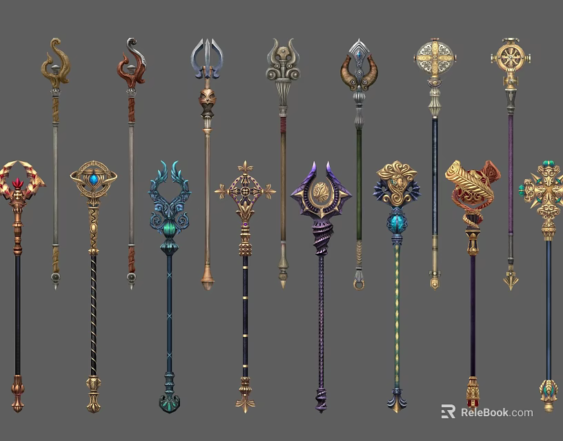 Ornate Magic Staffs With Decorative Elements And Various Fantasy Weapon Designs 3d model 