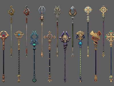 Ornate Magic Staffs With Decorative Elements And Various Fantasy Weapon Designs 3d model