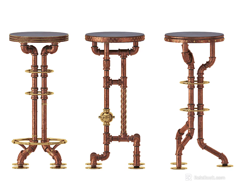 Industrial Style Bar Stools With Copper Pipe Structure And Round Black Seats 3d model