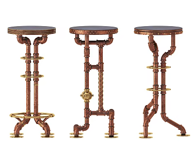 Industrial Style Bar Stools With Copper Pipe Structure And Round Black Seats 3d model