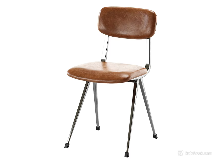 Classic Brown Leather Dining Chair With Metal Legs And Comfortable Seat Backrest 3d model 