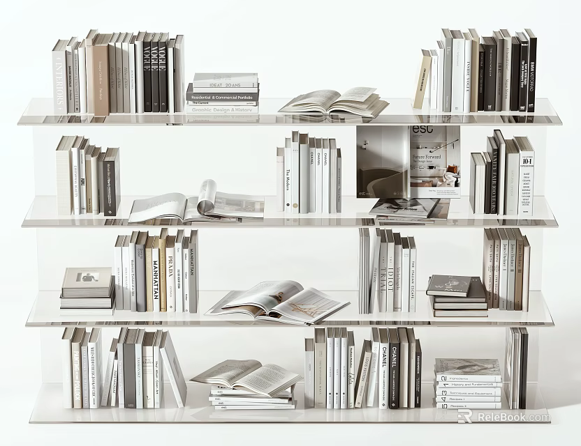 Neatly Arranged Books On Modern Bookshelf With Multiple Shelves And Open Books 3d model 