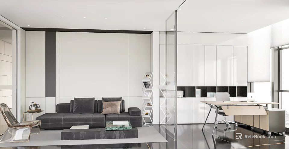 Modern Office Interior With Open Layout Glass Partition Gray Sofa Bookshelf And White Cabinets 3d model 