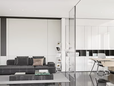Modern Office Interior With Open Layout Glass Partition Gray Sofa Bookshelf And White Cabinets 3d model