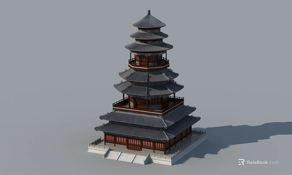 Ancient Chinese Multi Tiered Tower Architecture With Wooden Structure Gray Roof And Overhanging Eaves 3d model 