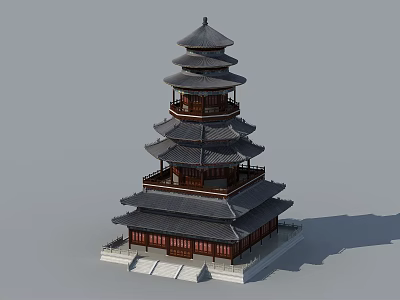 Ancient Chinese Multi Tiered Tower Architecture With Wooden Structure Gray Roof And Overhanging Eaves 3d model