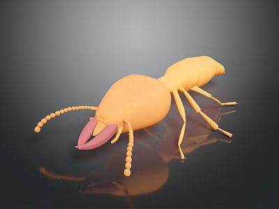 Yellow 3D Model Ant With Large Mandibles And Antennae On Black Background With Reflection 3d model