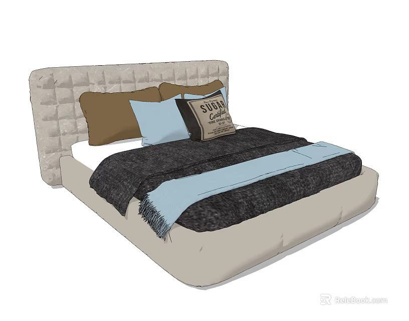 Cozy Double Bed With Upholstered Headboard Brown Light Blue Pillows And Vintage Throw Blanket 3d model 