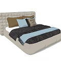 Cozy Double Bed With Upholstered Headboard Brown Light Blue Pillows And Vintage Throw Blanket