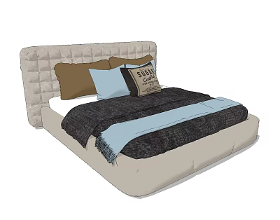Cozy Double Bed With Upholstered Headboard Brown Light Blue Pillows And Vintage Throw Blanket 3d model