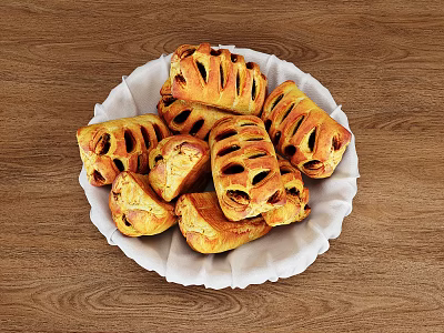 Golden Baked Pastries With Lattice Pattern On White Plate With White Paper Towel And Wooden Tabletop 3d model