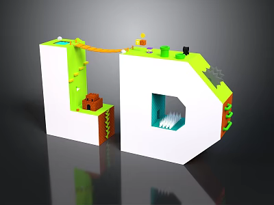 Colorful 3D Scene Construction With Staircase Slide Small House Green Elements And Cave Entrance 3d model