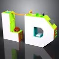 Colorful 3D Scene Construction With Staircase Slide Small House Green Elements And Cave Entrance