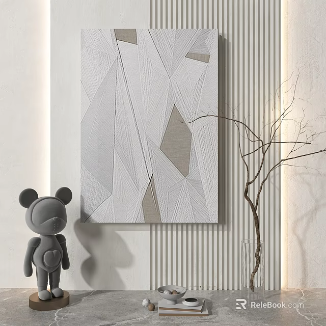 Abstract Painting With Gray Geometric Patterns And Gray Bear Figurine In Modern Interior 3d model 