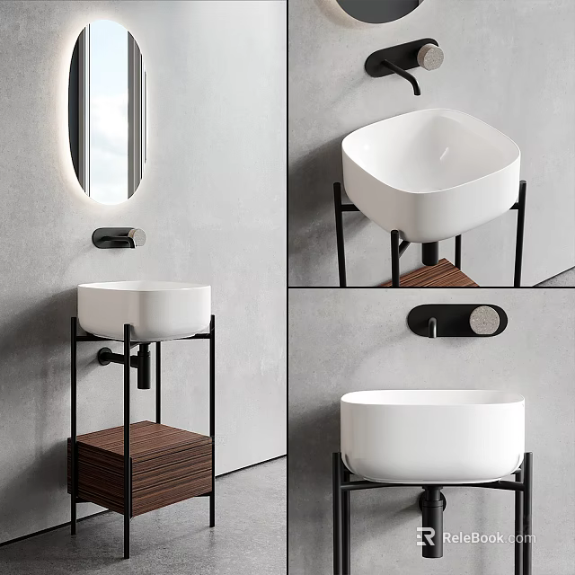Sleek Modern Ceramic Washbasin Design With Metal Frame Wooden Shelf And Round Mirror 3d model 
