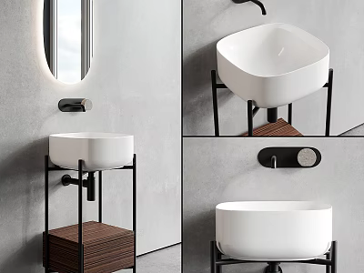 Sleek Modern Ceramic Washbasin Design With Metal Frame Wooden Shelf And Round Mirror 3d model