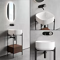 Sleek Modern Ceramic Washbasin Design With Metal Frame Wooden Shelf And Round Mirror