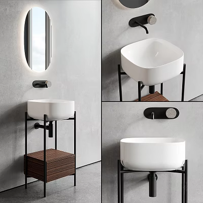 Sleek Modern Ceramic Washbasin Design With Metal Frame Wooden Shelf And Round Mirror 3d model