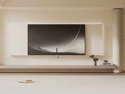 Modern Minimalist Light Colored TV Wall with Mounted TV and Decorative Shelf 3d model