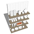 Wooden Shelves Displaying White Ceramic Kitchenware With Bowls Plates Jars Vases And Bottles