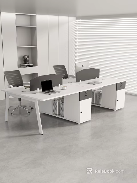 Modern Office Workspace Interior With Open Desks Laptops Office Chairs And Shelving 3d model 