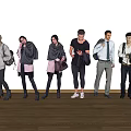 Group of people in various outfits standing on wooden floor with white wall holding bags