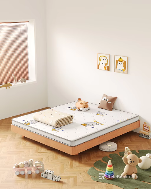 Cute Kids Bed with Cartoon Pattern Mattress and Stuffed Toys on Wooden Floor 3d model 