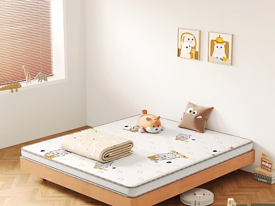 Cute Kids Bed with Cartoon Pattern Mattress and Stuffed Toys on Wooden Floor 3d model