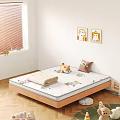 Cute Kids Bed with Cartoon Pattern Mattress and Stuffed Toys on Wooden Floor