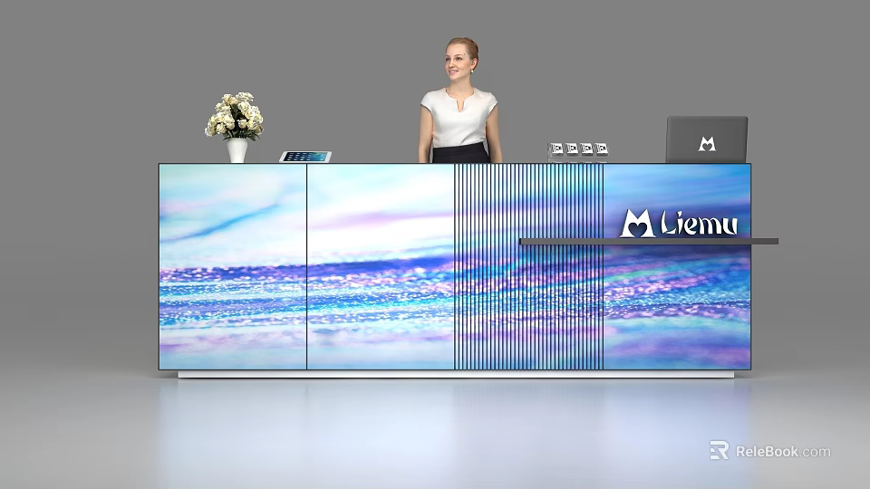 Modern Reception Desk With Blue Purple Wave Pattern Vase Flowers Tablet Laptop Logo And Receptionist 3d model 