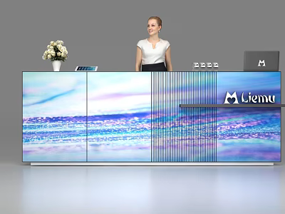 Modern Reception Desk With Blue Purple Wave Pattern Vase Flowers Tablet Laptop Logo And Receptionist 3d model